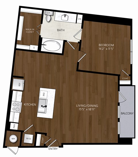 Floor plan for 1 bed, 1 bath, 891 sqft